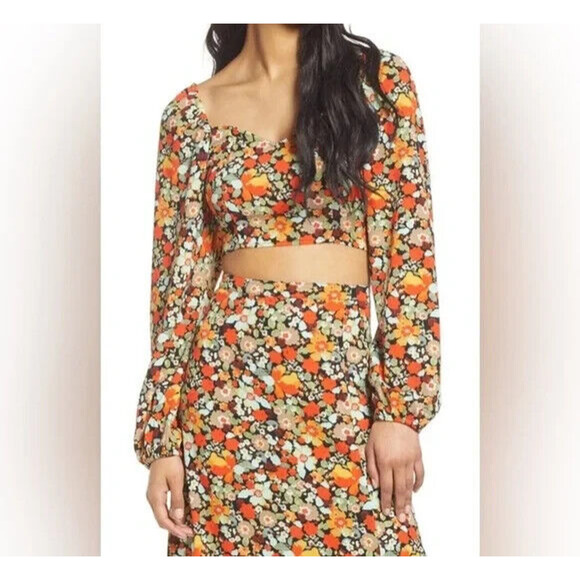 Vero Moda Saga Sweetheart Neck Crop Top Size XS Long-Sleeve Blouse Floral - Picture 1 of 12